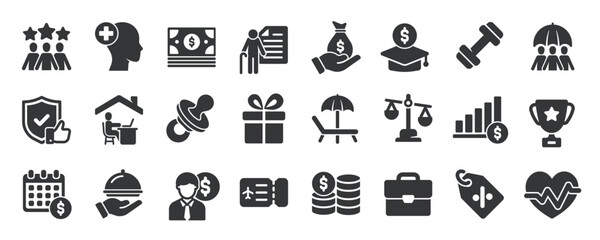 Employee benefits glyph solid icons collection. Containing bonus, incentive, career, reward, promotion. For website marketing design, logo, app, template, ui, etc. Vector illustration.