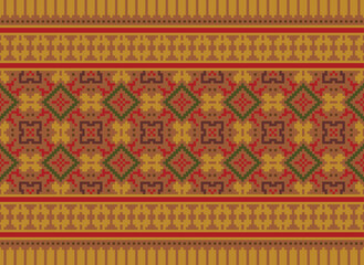 Ethnic Geometric Seamless Fabric Pattern Cross Stitch Embroidery Oriental Pixel Pattern Detailed Vector Illustration for Textile.