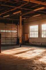 A spacious garage with sunlight streaming in through dusty windows, Generative AI
