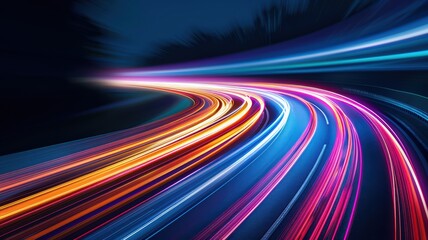 Long Exposure of Colorful Light Trails on a Curved Road at Night