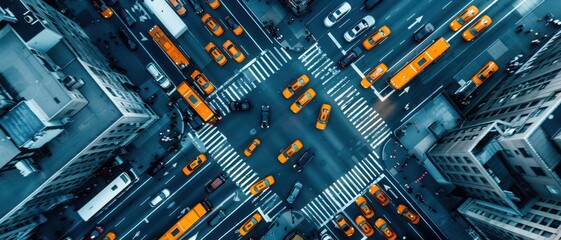 Aerial View of Busy City Intersection with Yellow Taxis and Pedestrians in Urban Landscape