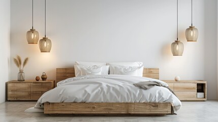 A modern minimalist bedroom with wooden elements and hanging lights, featuring a cozy bed and neutral decor.