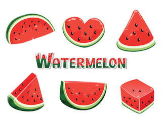 Vector set of slices watermelon fruit isolated. Natural and healthy food and summer holiday. EPS 10 vector illustration