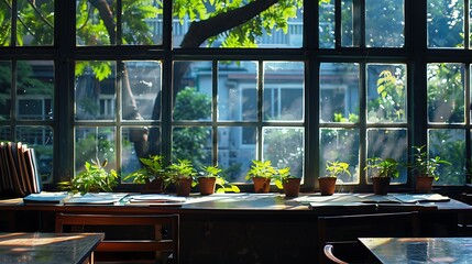 A classroom window with a view of the school grounds
