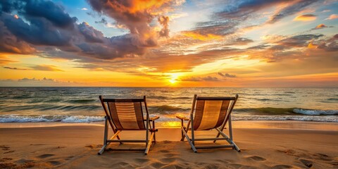 Two empty beach chairs facing the ocean as the sun sets in the background, beach, chairs, sand, sunset, relax, peace
