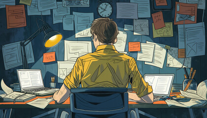 A person working at a cluttered desk with multiple screens, papers, and a clock on the wall