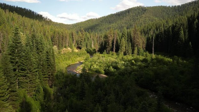 Aerial of Loop Creek in St Joe National Forest at sunset in northern Idaho