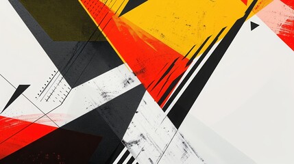 Dynamic abstract geometric composition with vibrant colors, featuring intersecting lines and shapes in red, yellow, black, and white.