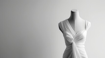 Elegant white draped dress on a mannequin against a minimalist gray background, showcasing delicate fabric details and sophisticated design.