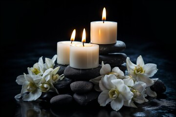 Relaxing Spa Scene with Lit Candles on Stone Stack and White Orchids