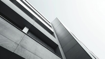 Low-angle view of a modern architectural building with a sleek design and sharp lines against a bright sky.