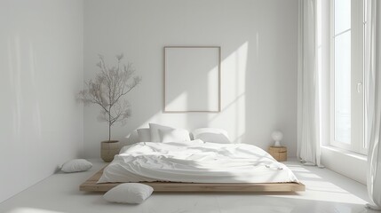 Minimalist bedroom with white decor, large window letting in natural light, and simple wooden elements. Cozy and serene space for relaxation.