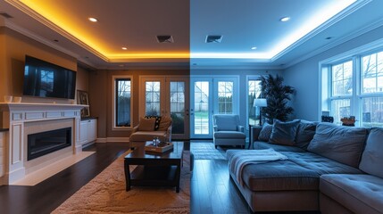 Warm and Cool Lighting in a Modern Living Room with a Fireplace and Sectional Sofa.