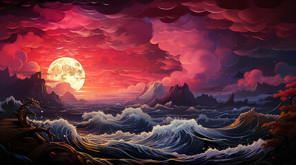 Surreal ocean waves under a dramatic crimson sky with a full moon. Mystical landscape blending intense colors and fantasy elements.