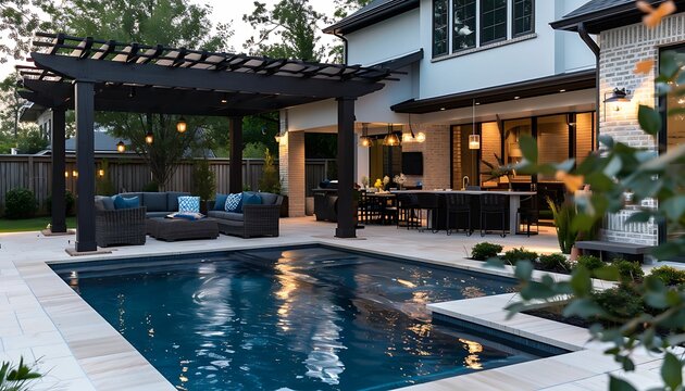 Backyard living space with outdoor furniture next to pool under a pergola