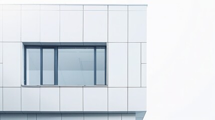 Modern minimalist building facade with geometric patterns and a large window, showcasing sleek architectural design in urban settings.