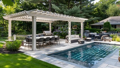Backyard living space with outdoor furniture next to pool under a pergola