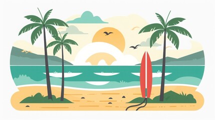 Scenic tropical beach at sunset with palm trees, mountains, and a surfboard in the sand. Birds flying in the sky.