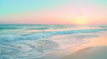 Obraz premium Stunning pastel-colored sunset over a tranquil beach with gentle waves, perfect for relaxation and peaceful moments.