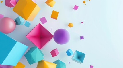 Vibrant geometric shapes floating in a light background, including cubes, spheres, and pyramids in various colors.