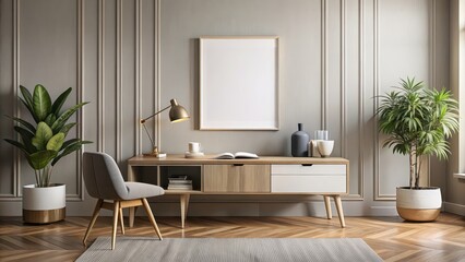 Square poster canvas mockup in modern living room with bureau. rendering, canvas, poster, mockup, modern