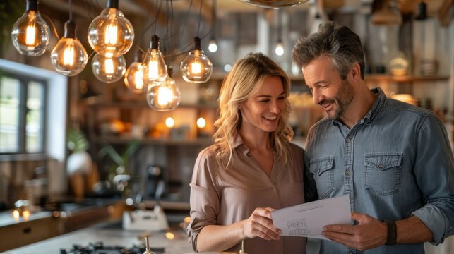 Happy Couple Discussing Kitchen Remodel Plans Under Warm Light Bulbs.