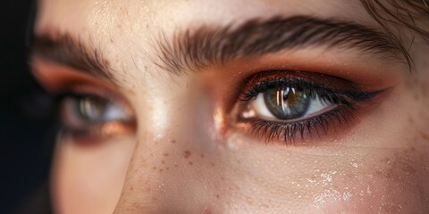 Close-up of a model's eyes with dramatic makeup, highlighting the artistry and precision of modern beauty techniques