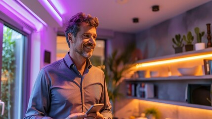 A technician explaining the setup and benefits of a smart home lighting system which can be controlled remotely via apps