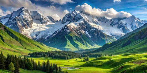 Fototapeta premium Snow-covered mountains towering over a vibrant green valley below, mountains, snow, winter, cold, landscape, valley