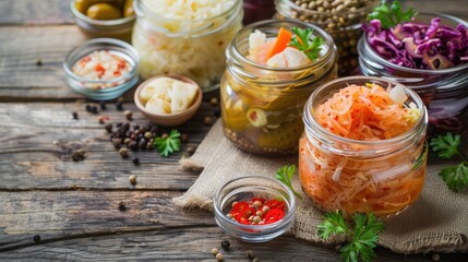 Assorted fermented vegetables in jars on rustic wooden table, showcasing healthy and homemade probiotic foods.