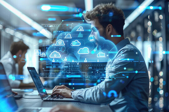 Business men operate laptops, cloud storage and cloud computing concepts
