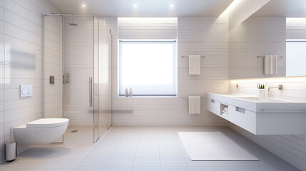 Ergonomic bathroom with safety grab bar, textured tiles, and rubber mat