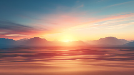 Expansive desert landscape with mountains at sunset, 3D render