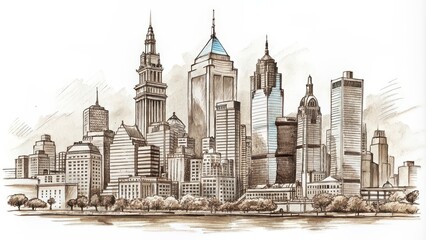 Fototapeta premium Ink sketch of the Philadelphia skyline, Philadelphia, skyline, cityscape, architecture, buildings, sketch