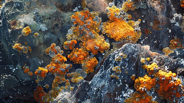 Close-up of vibrant orange and yellow lichen on a rock, showcasing nature's intricate textures and patterns.