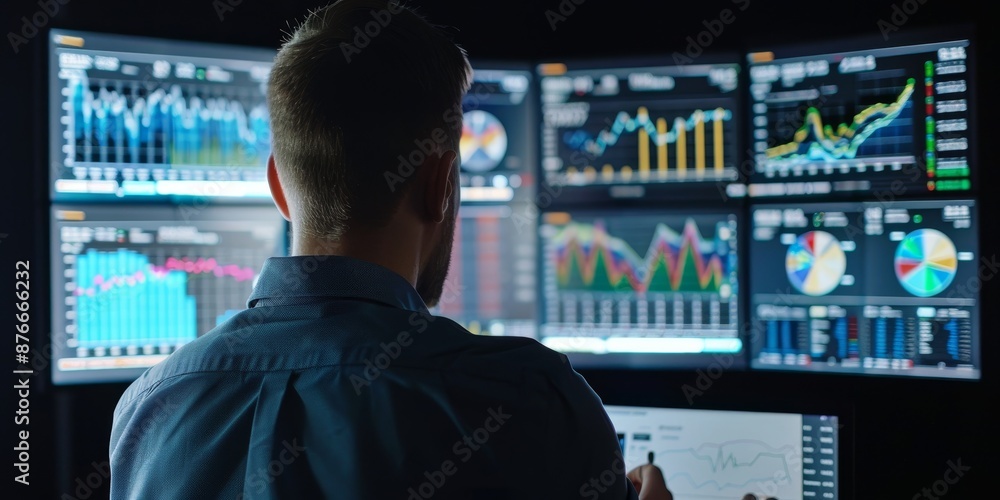 Aufkleber A financial analyst reviews a digital dashboard displaying complex data charts and graphs, symbolizing strategic business finance management