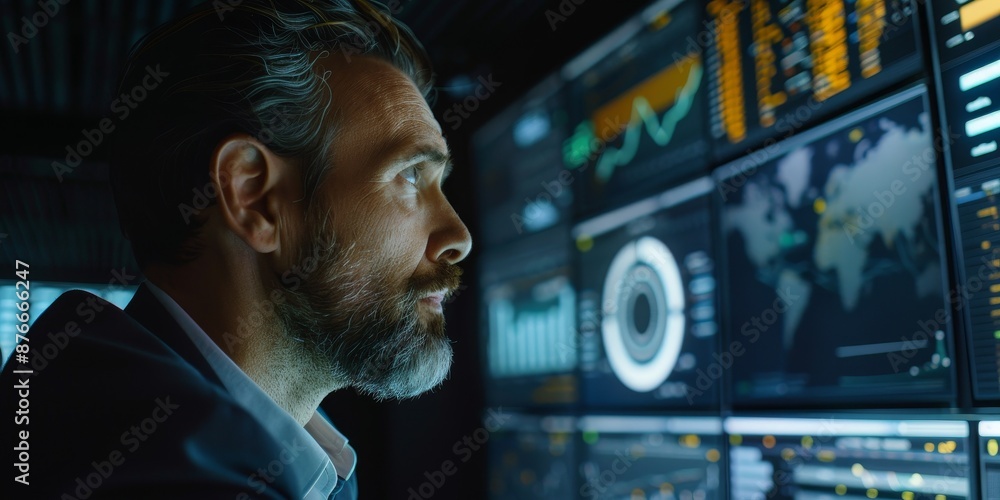 Aufkleber A financial analyst reviews a digital dashboard displaying complex data charts and graphs, symbolizing strategic business finance management