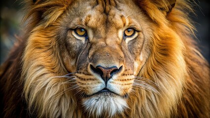 Close-up photograph of a fierce lion showcasing its powerful carnivore face in the wild , lion, wildlife, animal, nature
