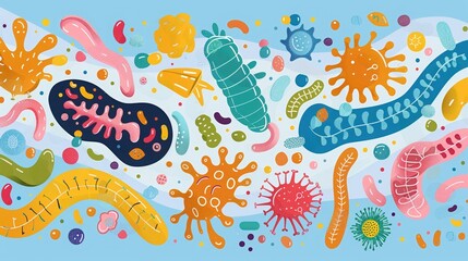 Colorful abstract illustration of various microorganisms, bacteria, and viruses on a light background, perfect for science education.