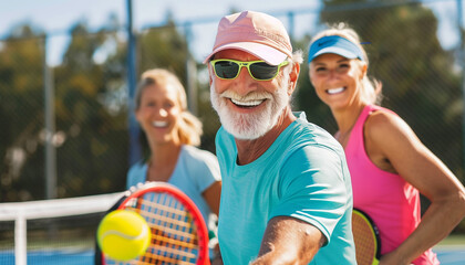 A group of happy seniors playing tennis on a sunny day creating a joyful and energetic visual perfect for active lifestyle and senior activities themes