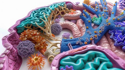Fototapeta premium Colorful microscopic view of various cells and structures, depicting a vibrant biological scene with detailed textures and diverse shapes.