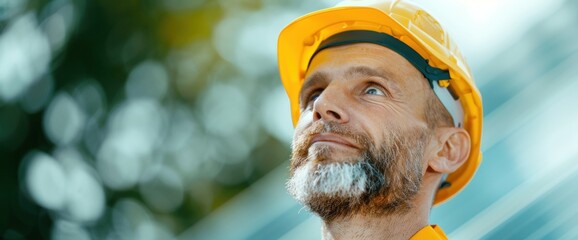 Smiling solar panel installer with a solar panel, clear white background, natural lighting, copy space