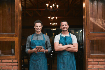 Team, coffee shop and portrait of man with tablet, professional and people for small business...