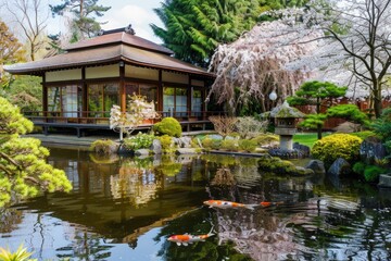 Naklejka premium Japanese Garden with Koi Pond and Cherry Blossoms