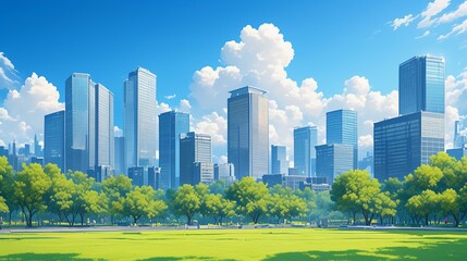 Obraz premium 都会にある公園、イラスト風1