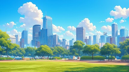 Obraz premium 都会にある公園、イラスト風4