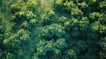 Aerial view of lush green forest with geometric grid overlay, showcasing nature's beauty and topographic details.