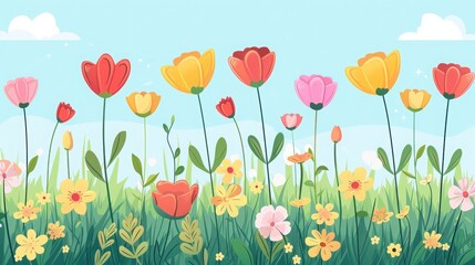 Bright and colorful field of blooming flowers, featuring tulips and other wildflowers, under a clear blue sky with fluffy clouds.