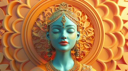 Obraz premium Colorful depiction of a serene goddess with intricate jewelry, set against an ornate background, symbolizing peace and spirituality.