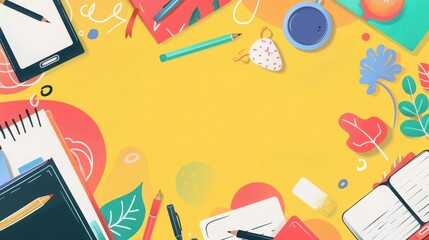 Colorful flat lay of various stationery items, notebooks, and gadgets on a vibrant yellow background, perfect for back-to-school themes.